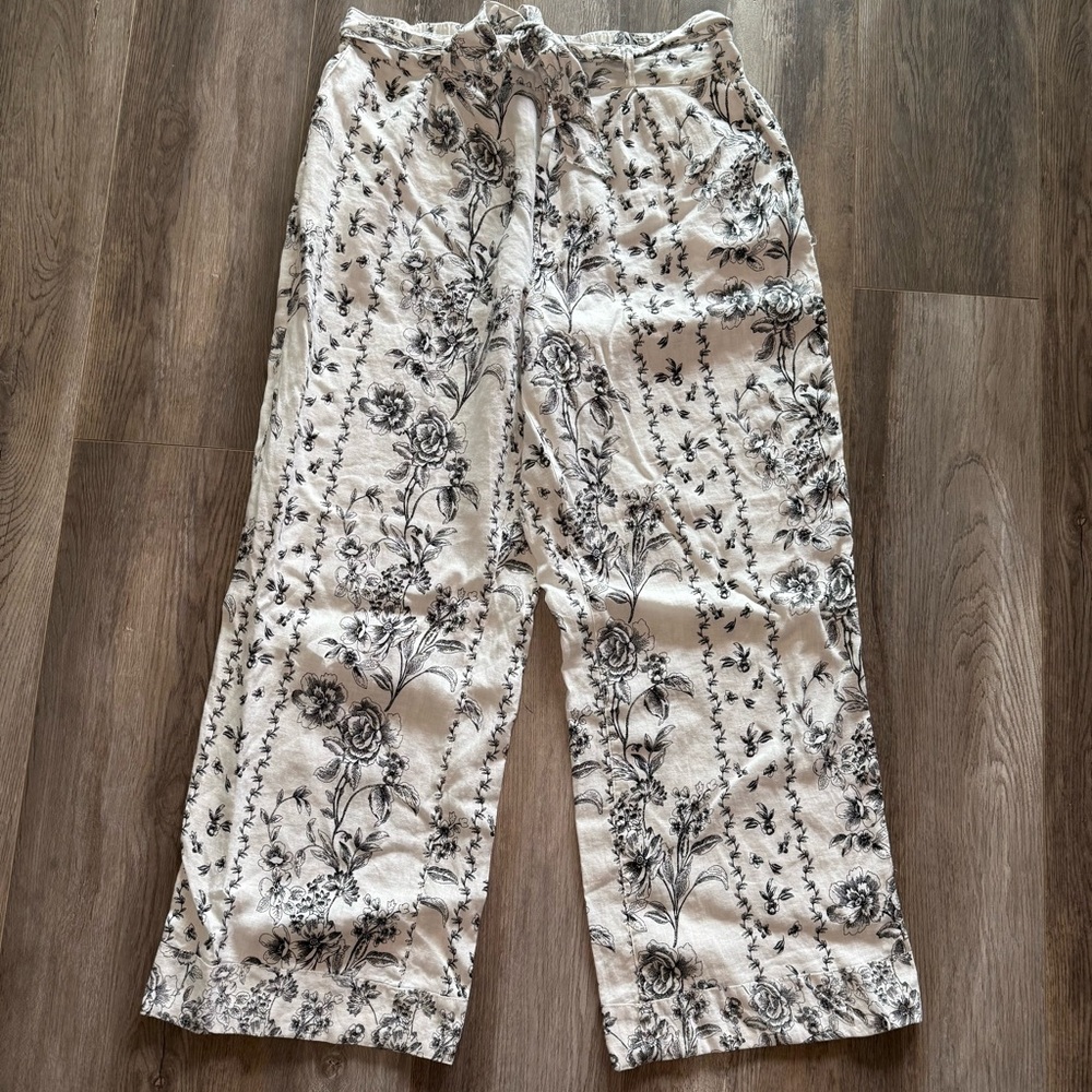 Joie 100% Linen Black and White Floral Wide Leg Pants Size XL